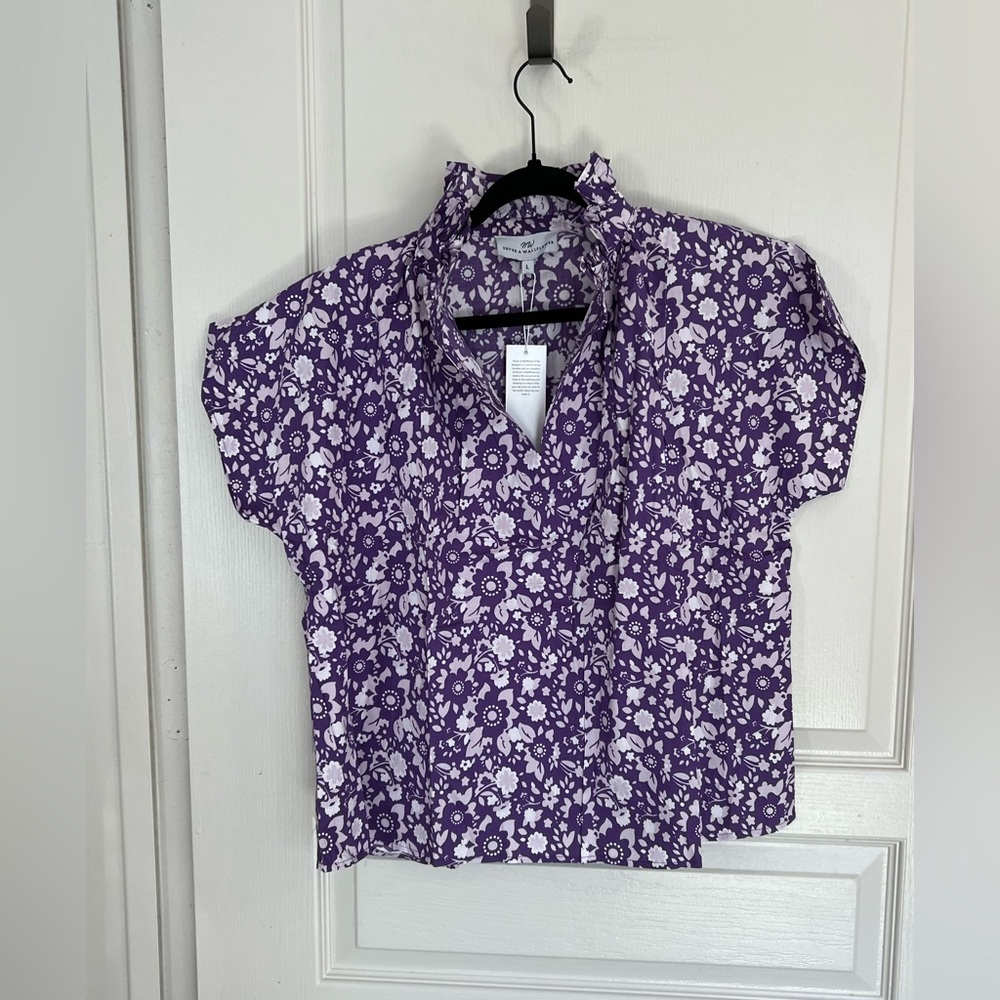 Never A Wallflower Floral Cotton Blouse Purple White Sz L NWT - Picture 3 of 8